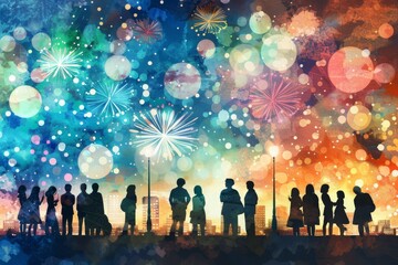 Fototapeta premium A group of people are standing on a city street, watching fireworks