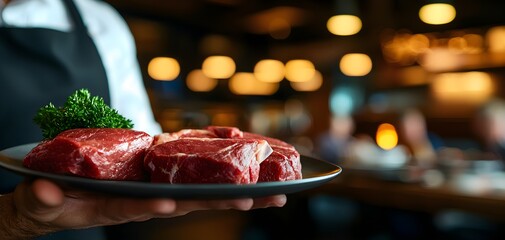 A server in a high-end steakhouse, presenting the cuts of meat to diners before they order