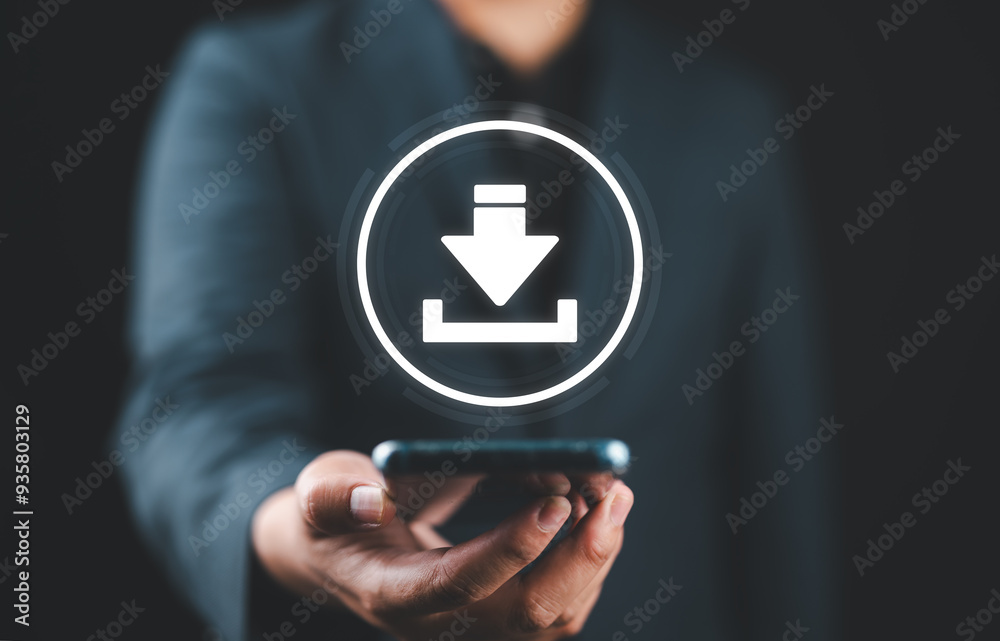 Poster Businessman using smartphone to downloading data or documents files. cloud storage technology, backup cyber security system.