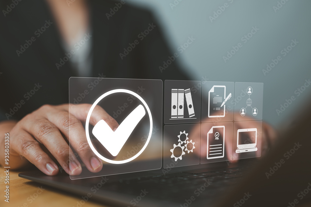 Aufkleber Quality management with Quality Assurance or QA and Quality Control or QC and improvement. Standardization, certification concept. Compliance to regulations and standards. Concept with manager.