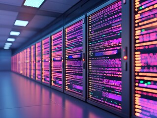 A visualization of big data being processed by servers, showing complex patterns and relationships