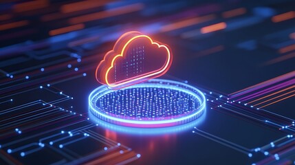 Futuristic visualization of cloud computing technology with neon lights and circuits representing data transfer and storage.