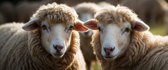 Obraz premium Close-up of Two Sheep with Fluffy White Fur