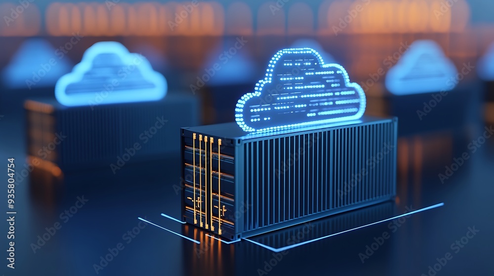 Poster innovative cloud computing and data storage solution represented by digital clouds and server infras