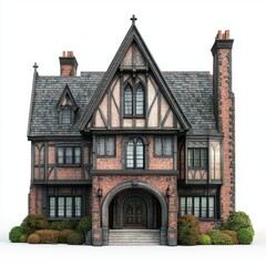 Photorealistic Tudor Revival Mansion - Isolated, English Style 3D Rendering