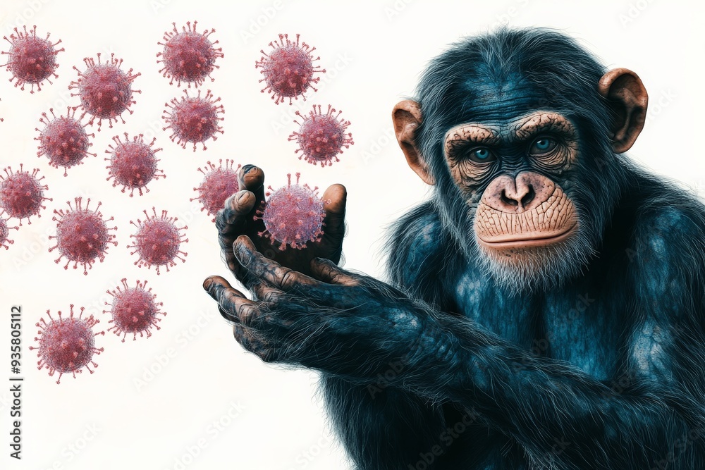 Poster A digital artwork depicting a monkey holding a virus particle while being surrounded by multiple other virus forms, portraying the spread of infection and pandemic impact.