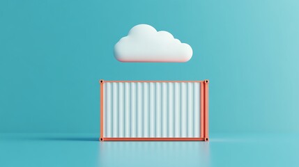 Minimalist 3D illustration of a shipping container and a cloud on a blue background, representing cloud computing and logistics technology.
