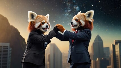 An artistic stock photo of a red panda pair in a business suit depicts them as intensely focused and reaching for the stars together. Artificial Intelligence