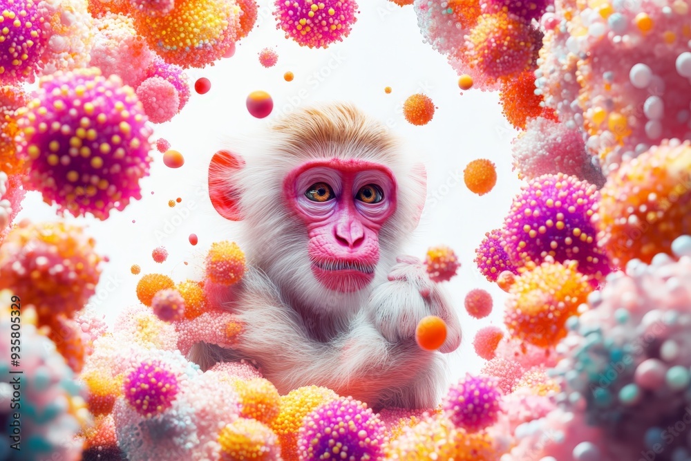 Poster This digital illustration portrays a monkey amid an array of vibrant and colorful virus forms, symbolizing the intersection of natural life and viral disease in a modern context.