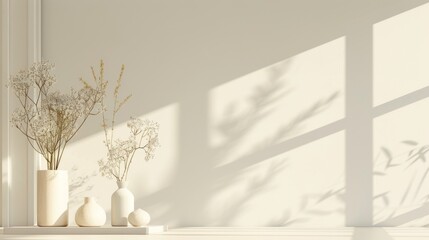 A white wall with a vase of flowers on a shelf