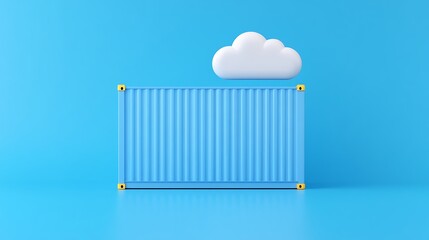 Minimalist blue shipping container with a white cloud on a solid blue background, symbolizing cloud storage and transportation.