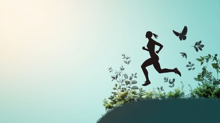 A silhouette of a person running through a park, with hand drawn details of fitness goals and milestones, depicting the dedication and perseverance required for fitness.