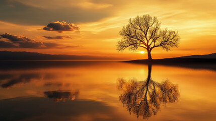Fototapeta premium Golden Hour Serenity: Tranquil Reflections of a Tree at Sunset