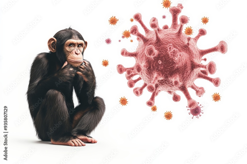 Poster A chimpanzee in a contemplative pose facing abstract virus illustrations, highlighting themes of thoughtfulness and the intersection of nature and science.