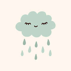 Cute rainy cloud isolated on a white background. Vector hand-drawn illustration in flat style. Perfect for decorations, logo, various designs.