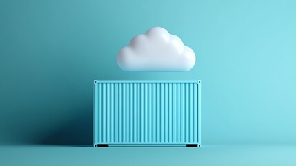 Minimalist image of a cloud floating above a shipping container against a blue background, symbolizing cloud computing and logistics.