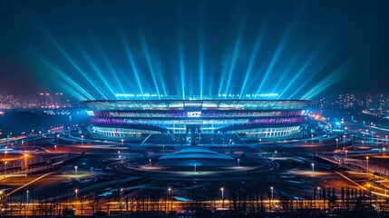 The stadium illuminates the night sky with vibrant beams of light, creating an electrifying atmosphere for football fans enjoying a thrilling match