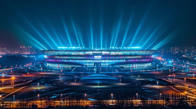 The stadium illuminates the night sky with vibrant beams of light, creating an electrifying atmosphere for football fans enjoying a thrilling match