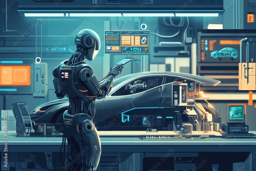 Aufkleber A robot meticulously inspects a high-tech vehicle within a sophisticated lab environment, showcasing the integration of advanced robotics and automotive technology.