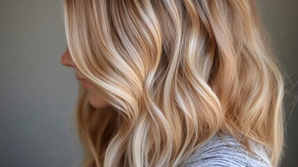 Naklejka premium A woman showcases beautifully styled blonde hair with soft waves, highlighting a natural look against a simple backdrop.