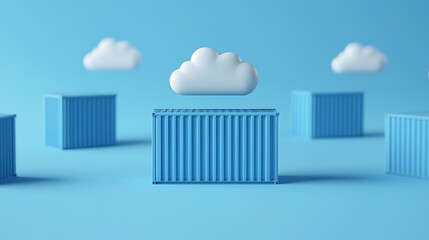 Obraz premium Minimalist representation of cloud computing with blue shipping containers and floating clouds on a blue background.