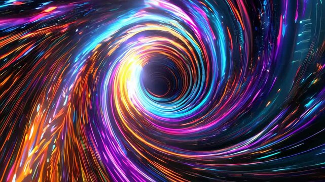 Vibrant swirling vortex of colorful light streams creating a dynamic portal effect for sci-fi or abstract visual projects