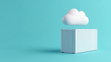 Minimalist scene with a white shipping container and a cloud on a blue background, representing cloud computing and data storage.