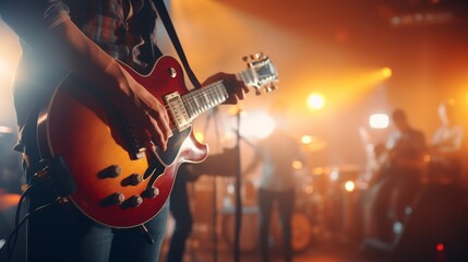 Obraz premium Guitar in hands during rock concert at the club. Neural network ai generated art