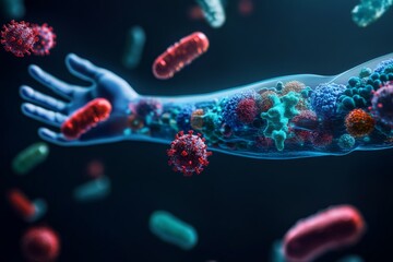 A human arm depicted with various infections and bacteria moving around. The modern artistic image highlights the vulnerability and biological complexity of the human body.