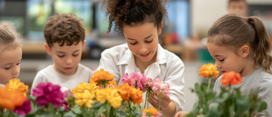 Engaging Science Lesson on Flower Structure for Young Learners, Teacher Explains Plant Anatomy to Enthusiastic Kindergarten Students in Colorful Classroom Setting