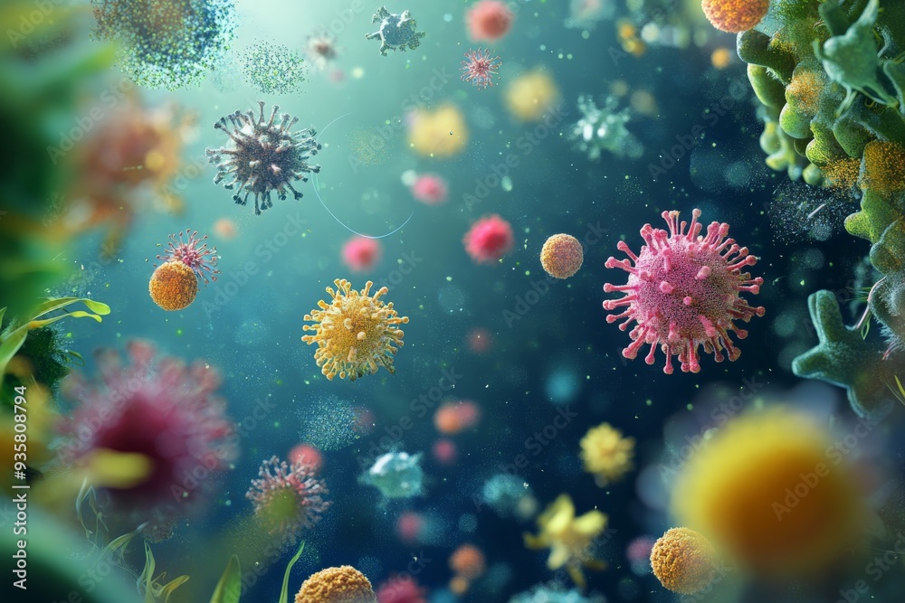 Poster an artistic representation of various colorful virus particles suspended in a bluish background, sho