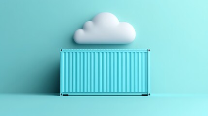 Minimalistic concept image of a cloud hovering above a blue shipping container against a light blue background.