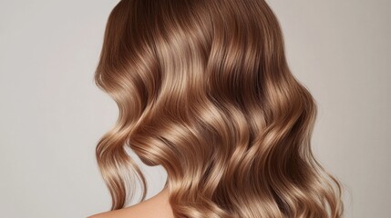 Fototapeta premium A close-up view features luxurious, wavy hair cascading elegantly down, reflecting light to highlight its shiny texture.