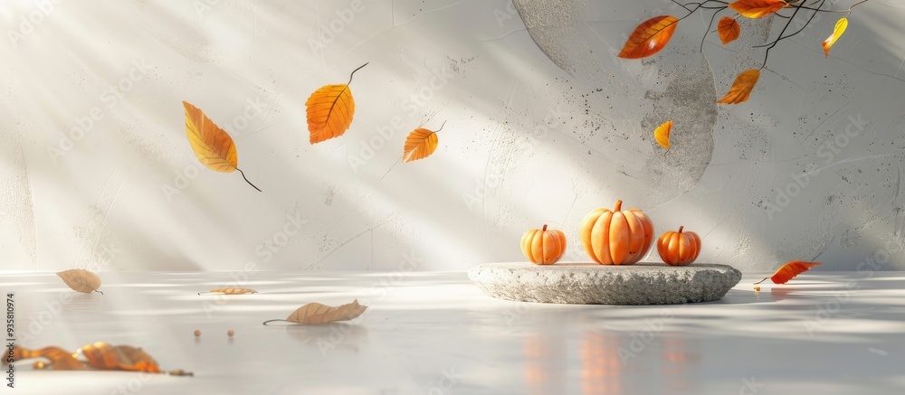 Poster Autumn themed image concept for product display montage Stone pedestal featuring pumpkins and autumn leaves with natural sunlight on a white table and wall background providing copy space for product