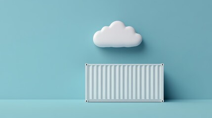 Minimalistic interior design with a white cloud on a blue wall above a white radiator, creating a simple and serene visual effect.