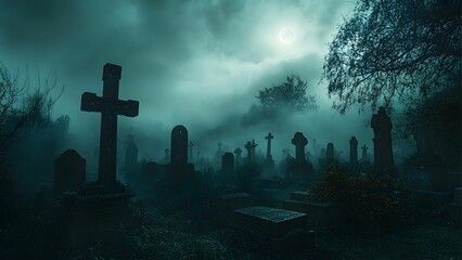 surrounded by tombstones and an eerie, misty atmosphere