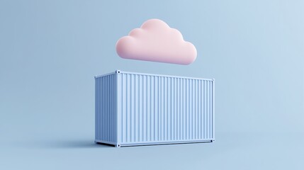 Modern minimalist concept with a floating pink cloud above a blue shipping container on a pastel blue background.
