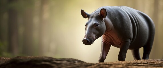 Fototapeta premium A Low-Angle View of a Baird's Tapir Walking in a Forest