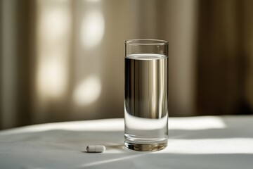 Glass of water with a white pill on a table in a softly lit room.