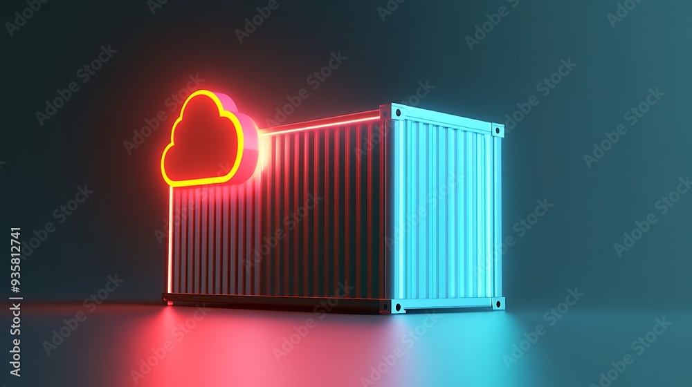 Poster neon cloud and container concept representing modern cloud computing and data storage solutions in a