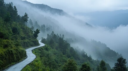 Foggy Winding Mountain Road with Peaks Shrouded in Mist and Dense Forest Along the Path. AI generated illustration