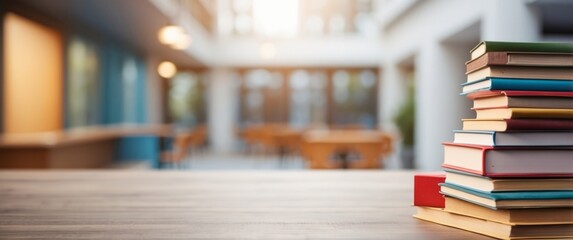 Stack of Books on a Wooden Table in a Blurred Interior Setting