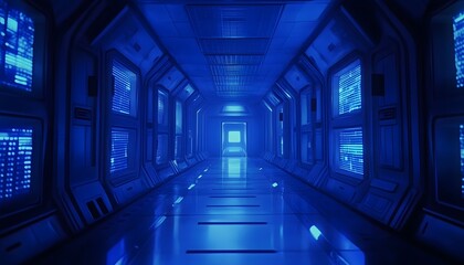 Futuristic Blue Hallway with Glowing Screens and a Distant Light at the End