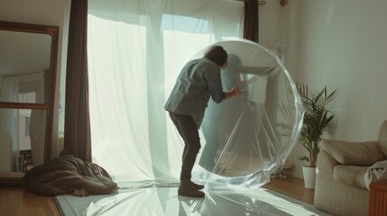 An individual carefully adjusts a large, transparent bubble in a sunlit room, with plastic sheets draped around, suggesting an ongoing creative or protective project.