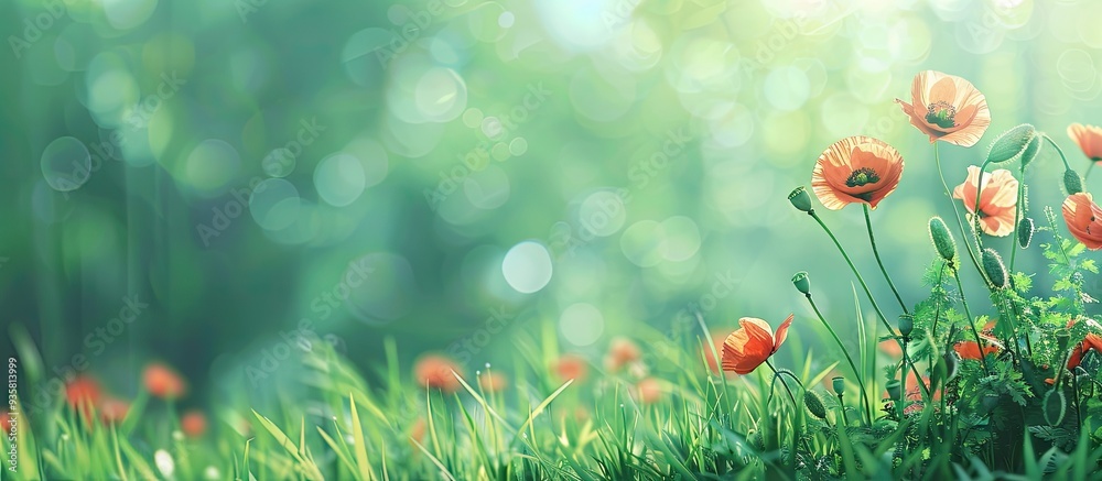 Poster Blooming poppy flowers in soft focus with grass during summer Blurred green backdrop suitable for print and poster Shallow depth of field Toned image Copy space