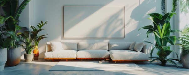 A living room with a white couch and a large white wall