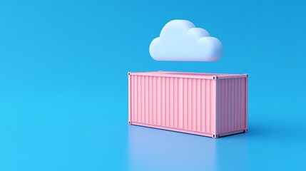 Pink shipping container with a cloud above it on a blue background, depicts transportation, logistics, or cloud computing concepts