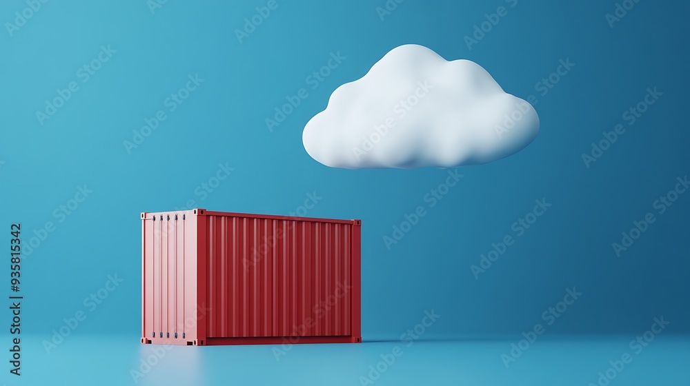 Wall mural red shipping container and cloud against blue background symbolizing cloud storage and logistics sol