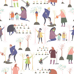 Seamless vector pattern with cartoon people are gardening in spring park