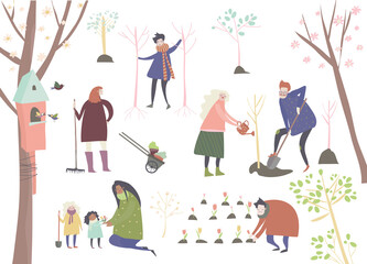 Cute cartoon people are gardening in spring park